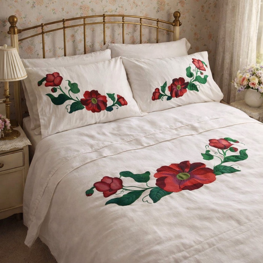 Hand painted floral Cottagecore queen flat sheet & x2 pillowcases set
